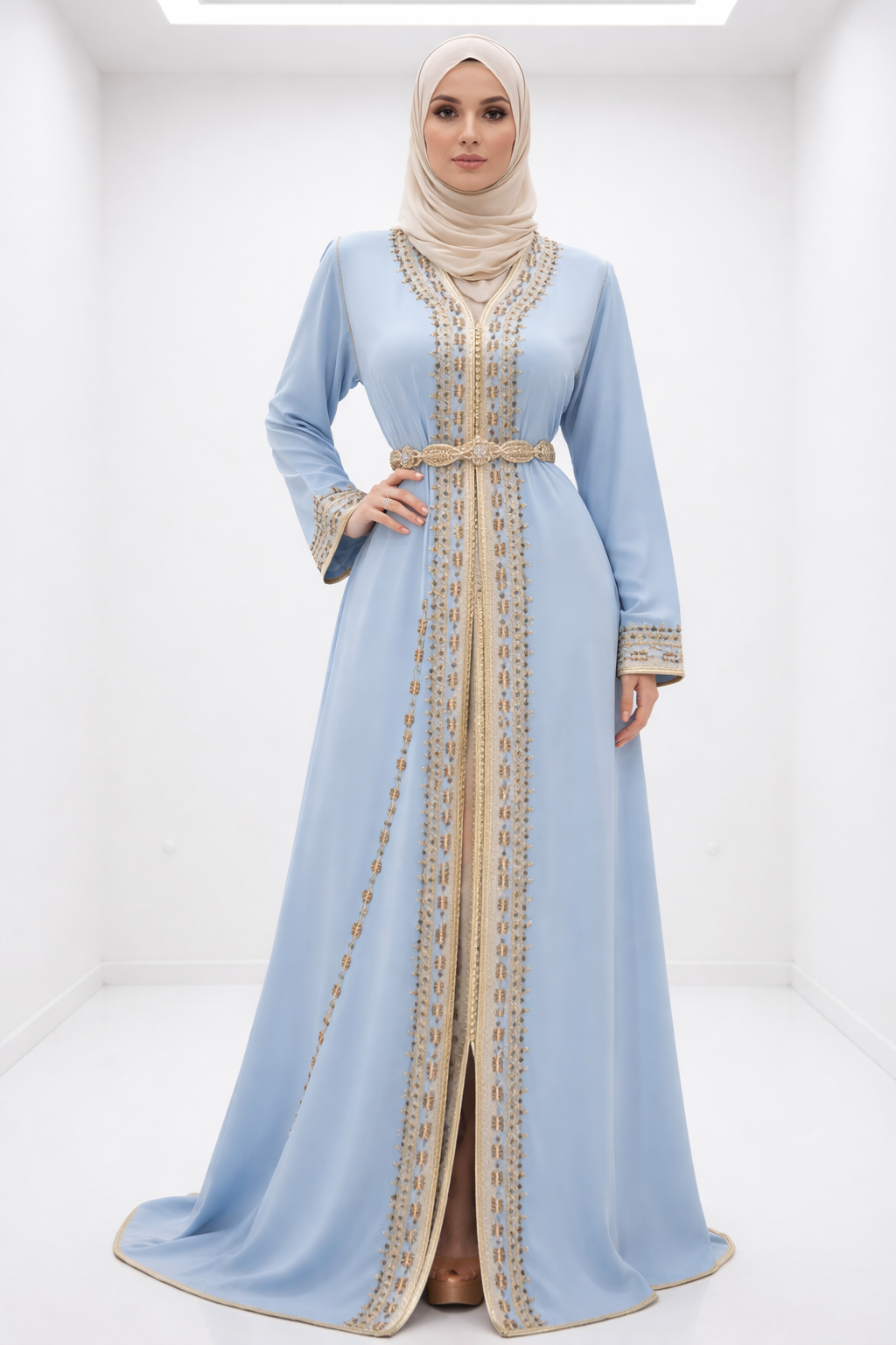 قفطان "سماء المنارة" الأزرق السماوي بتطريز لؤلؤي ناعم