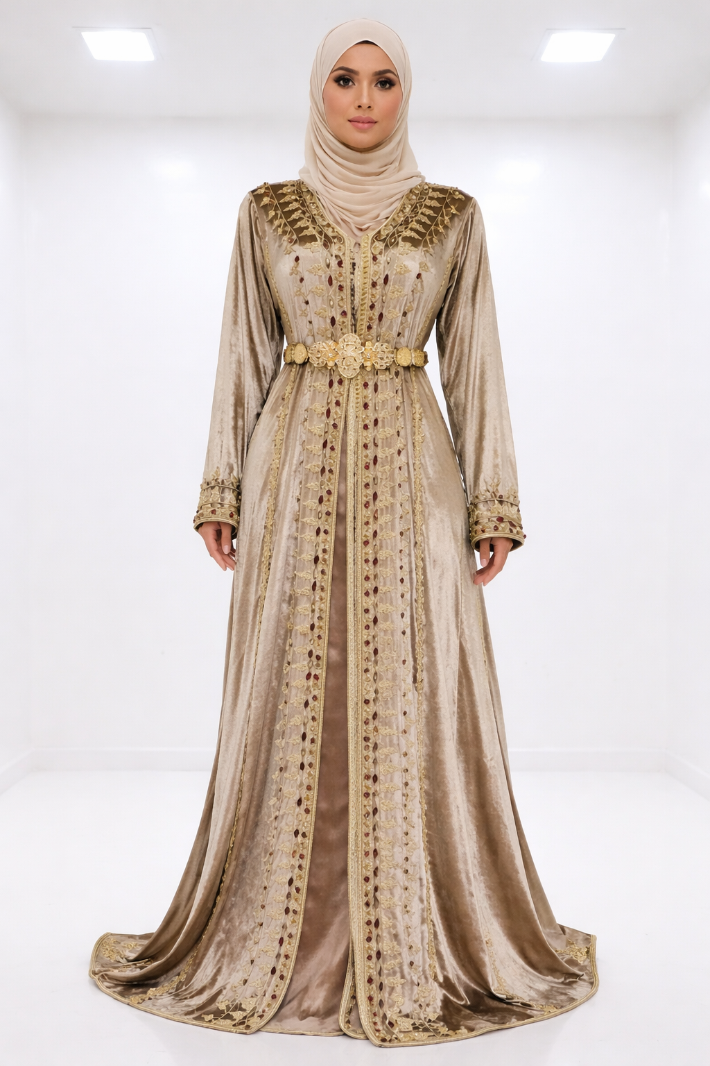 قفطان "نور المنارة" من الموبرة الذهبية بترصيع الياقوت