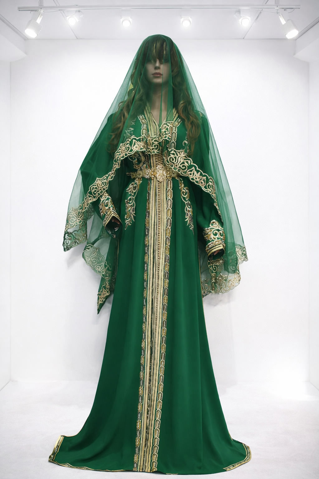 قفطان أخضر فاخر بالتطريز الذهبي مع حزام ملكي