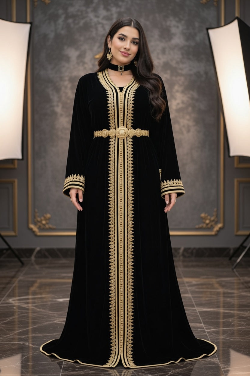 تكشيطة سوداء مخملية بتطريز ذهبي فاخر