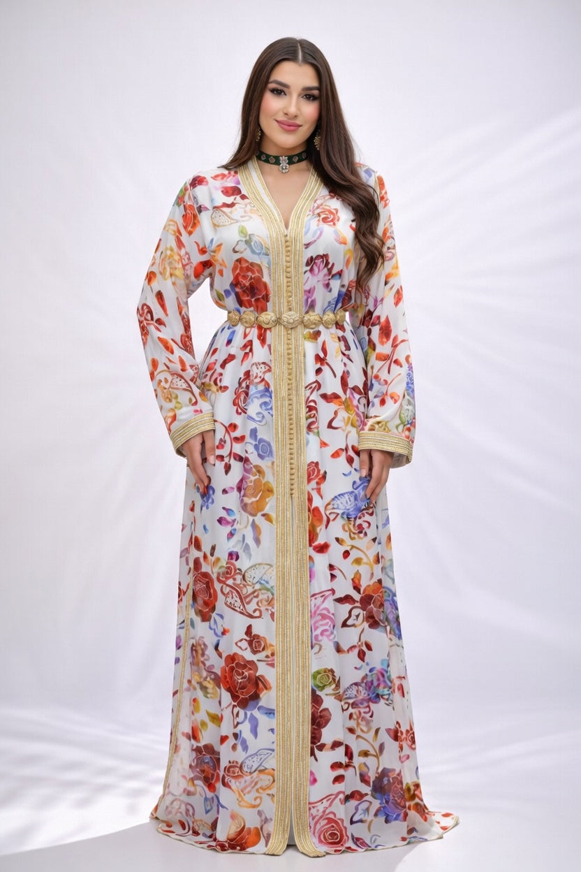 تكشيطة بيضاء موردة بتصميم أنيق وتطريز ذهبي