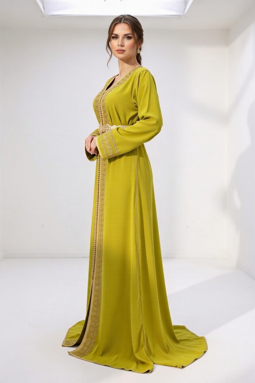 قفطان "شمس المنارة" الأصفر بتطريز ذهبي ملكي