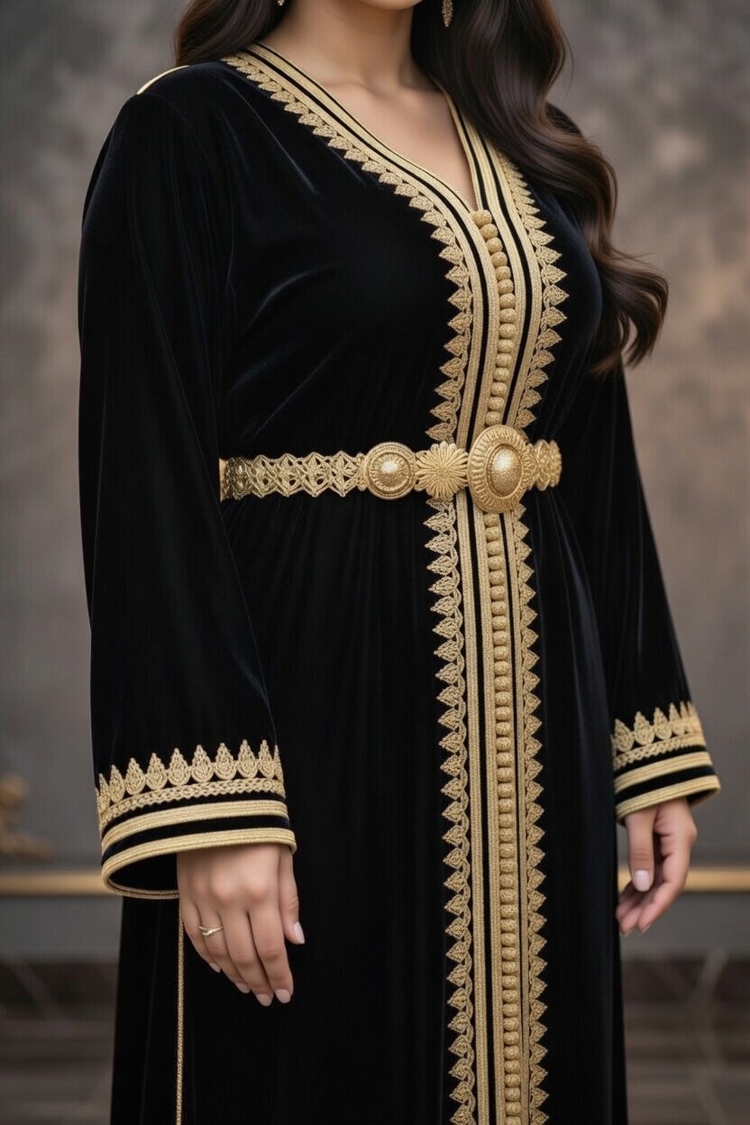 تكشيطة سوداء مخملية بتطريز ذهبي فاخر
