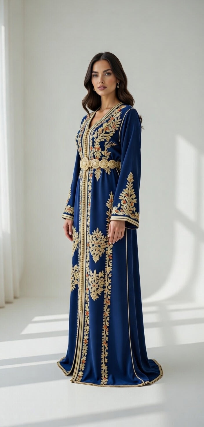 قفطان "ياقوتة المنارة" الأزرق الملكي مرصع بالذهب والأحجار