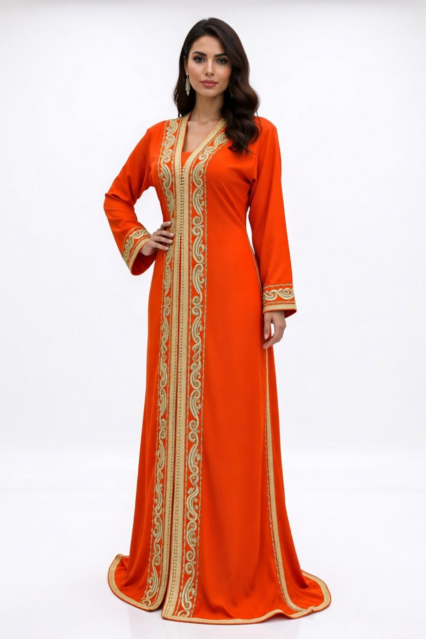 قفطان "شروق المنارة" البرتقالي بتطريز ذهبي انسيابي