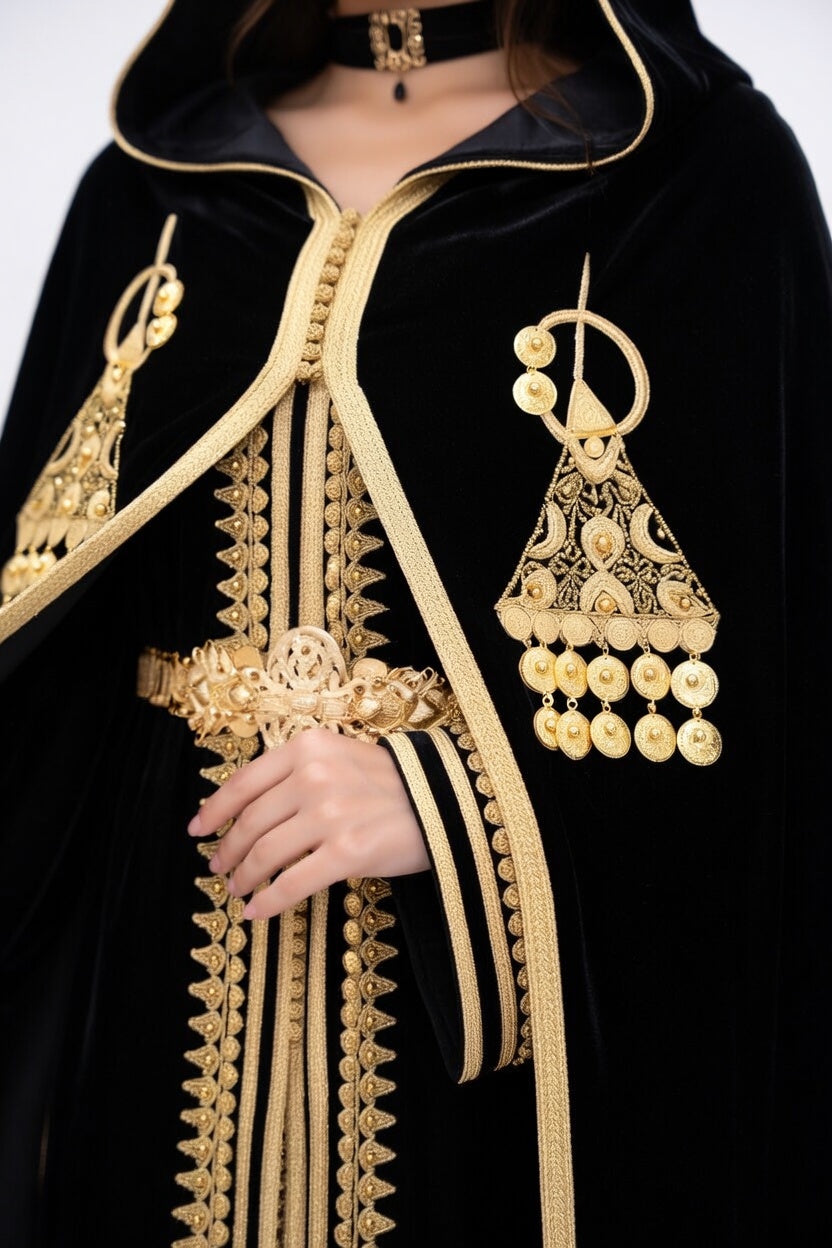 طقم "سلطانة المنارة" الملكي: قفطان وسلهام من الموبرة السوداء المطرزة