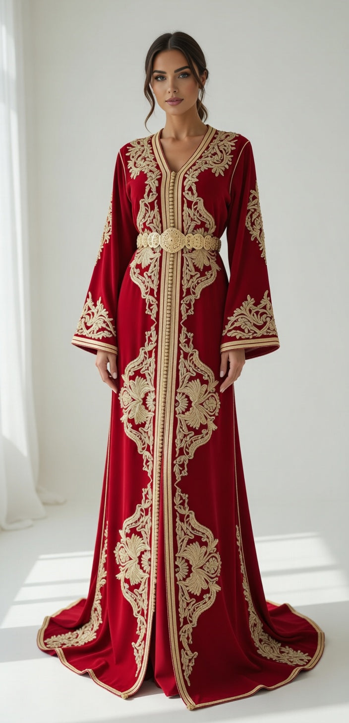 قفطان "سلطانة المنارة" الأحمر المخملي بالطرز الذهبي الأصيل