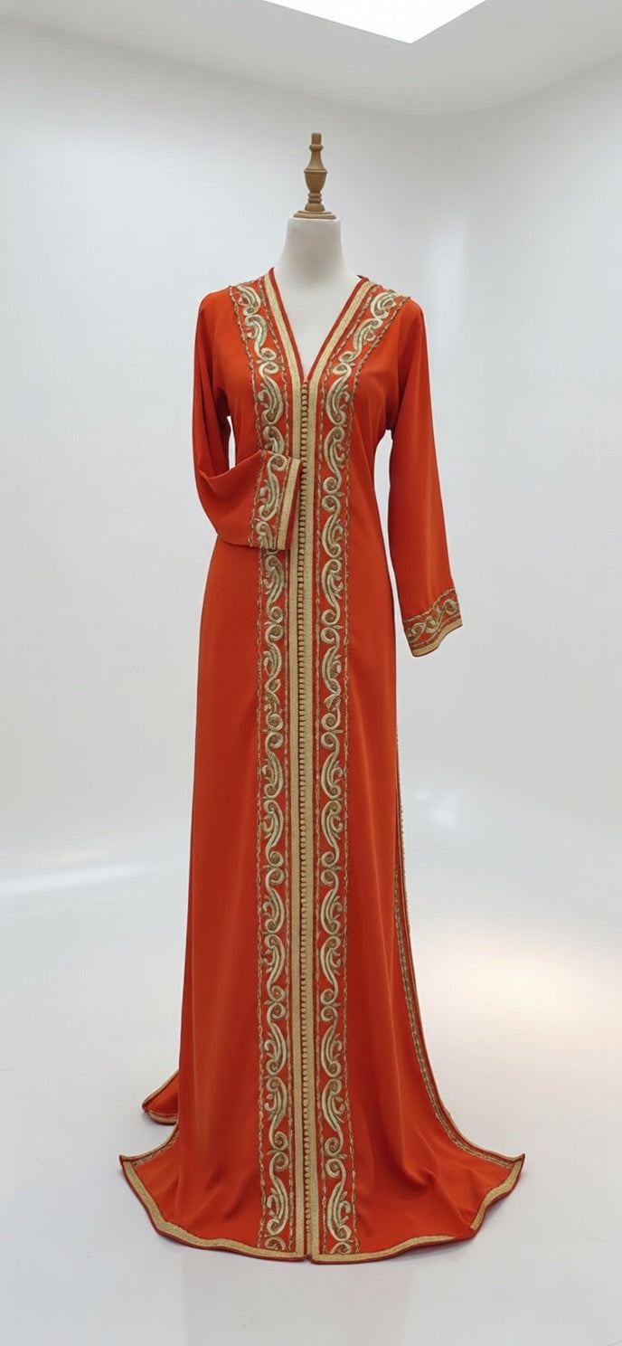 قفطان "شروق المنارة" البرتقالي بتطريز ذهبي انسيابي