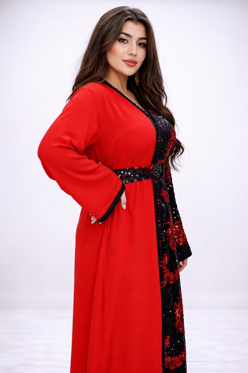 تكشيطة حمراء وسوداء بالترتر – تصميم فاخر للسهرات