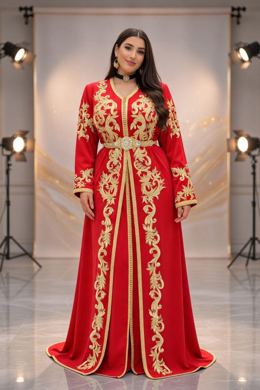 تكشيطة حمراء فخمة بتطريز ذهبي راقي