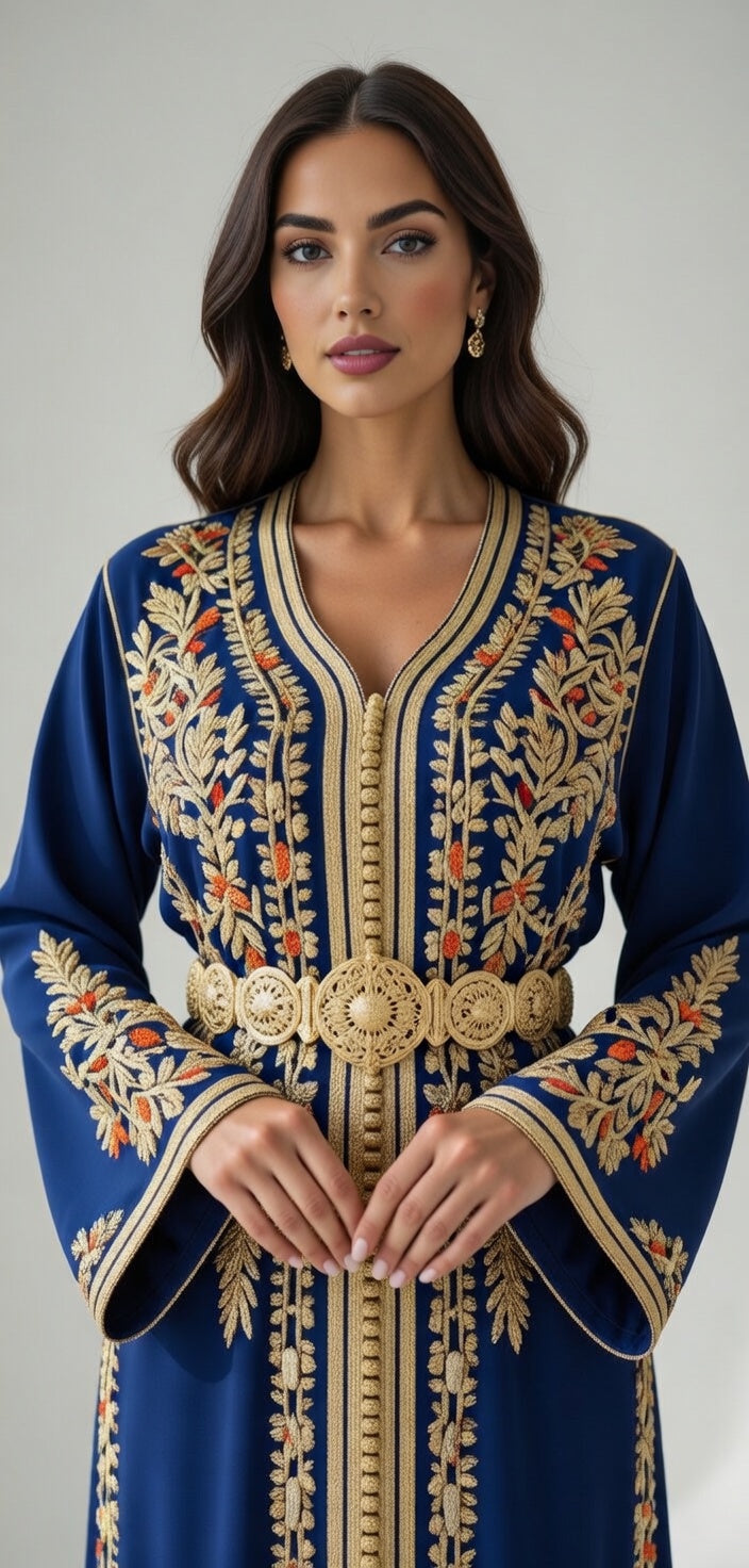 قفطان "ياقوتة المنارة" الأزرق الملكي مرصع بالذهب والأحجار