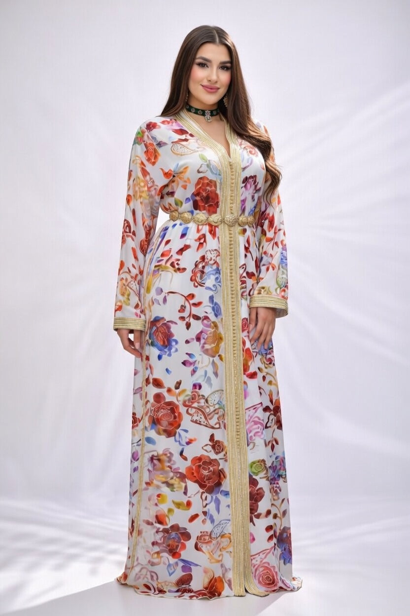 تكشيطة بيضاء موردة بتصميم أنيق وتطريز ذهبي