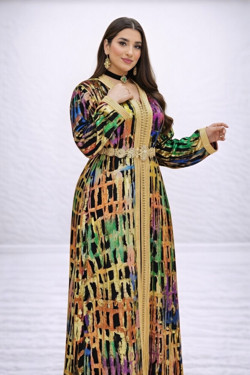 تكشيطة ملونة فخمة بتصميم عصري وتطريز ذهبي