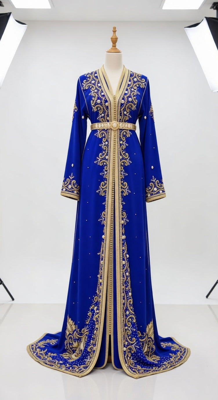 قفطان "سحر النيل" الأزرق الملكي بتطريز ذهبي فاخر