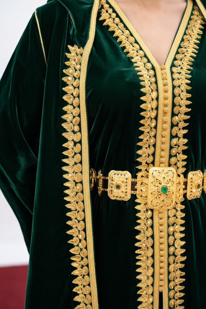 طقم "زمردة المنارة" الملكي: قفطان وسلهام من الموبرة الخضراء بتطريز ذهبي أصيل