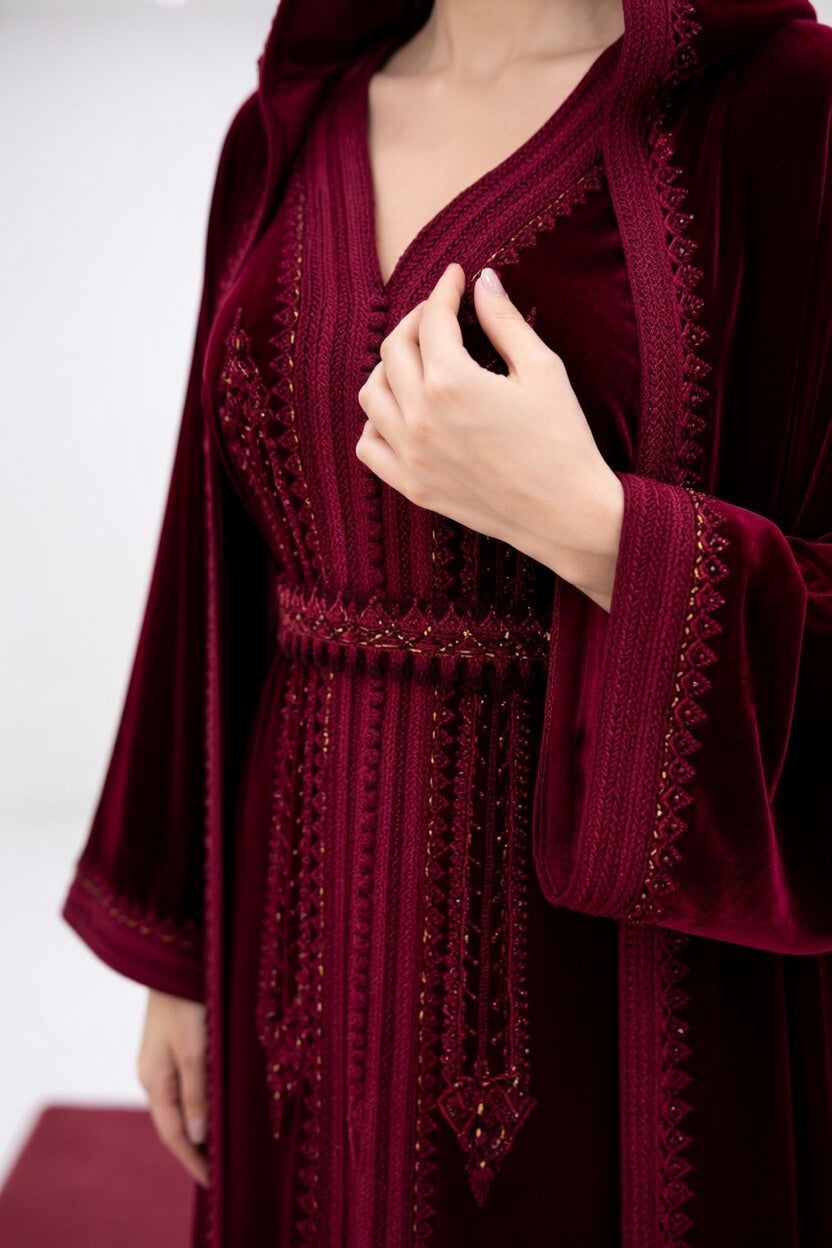 طقم "سلطانة الليل" العكري: قفطان وسلهام مخملي بتطريز ملكي