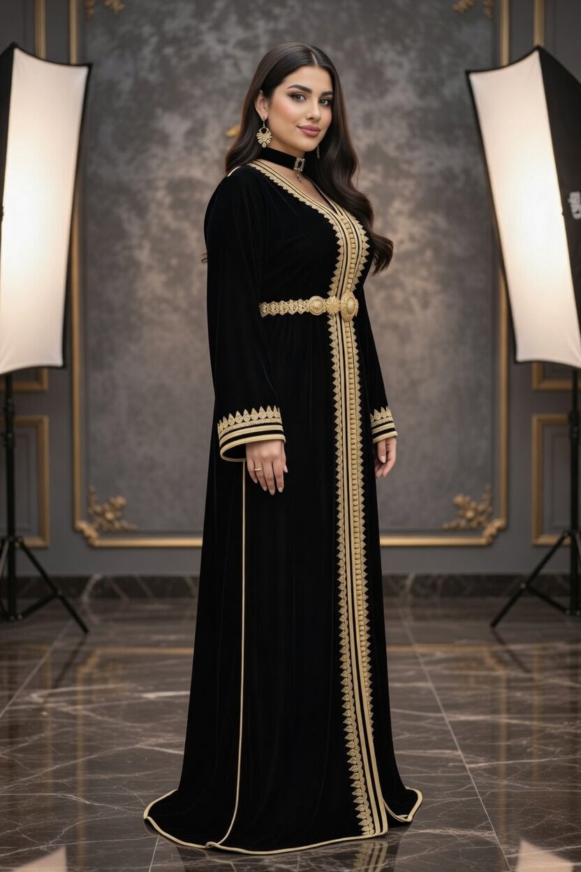 تكشيطة سوداء مخملية بتطريز ذهبي فاخر