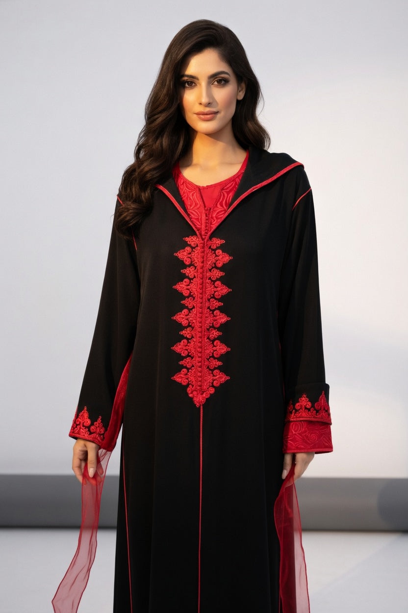 جلابة سوداء أنيقة بتطريز أحمر فاخر