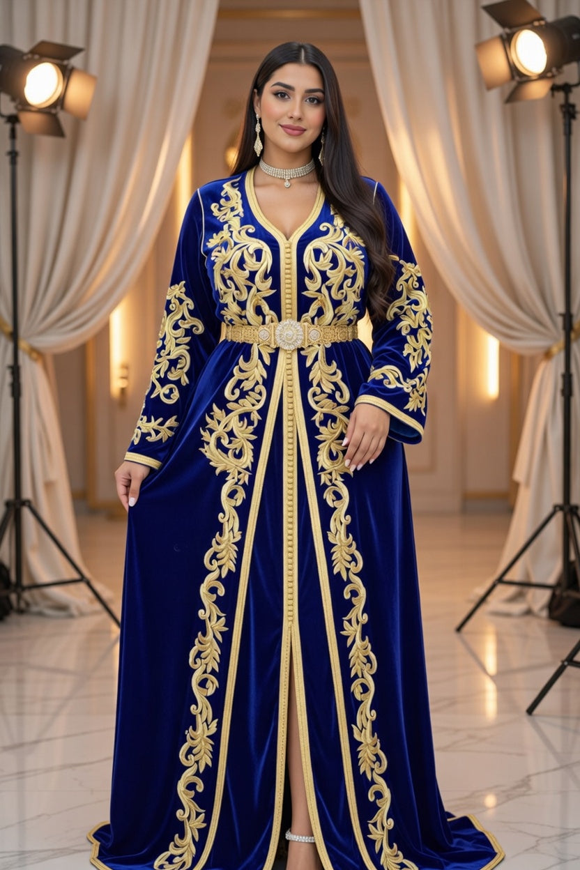 تكشيطة زرقاء ملكية بتطريز ذهبي فاخر