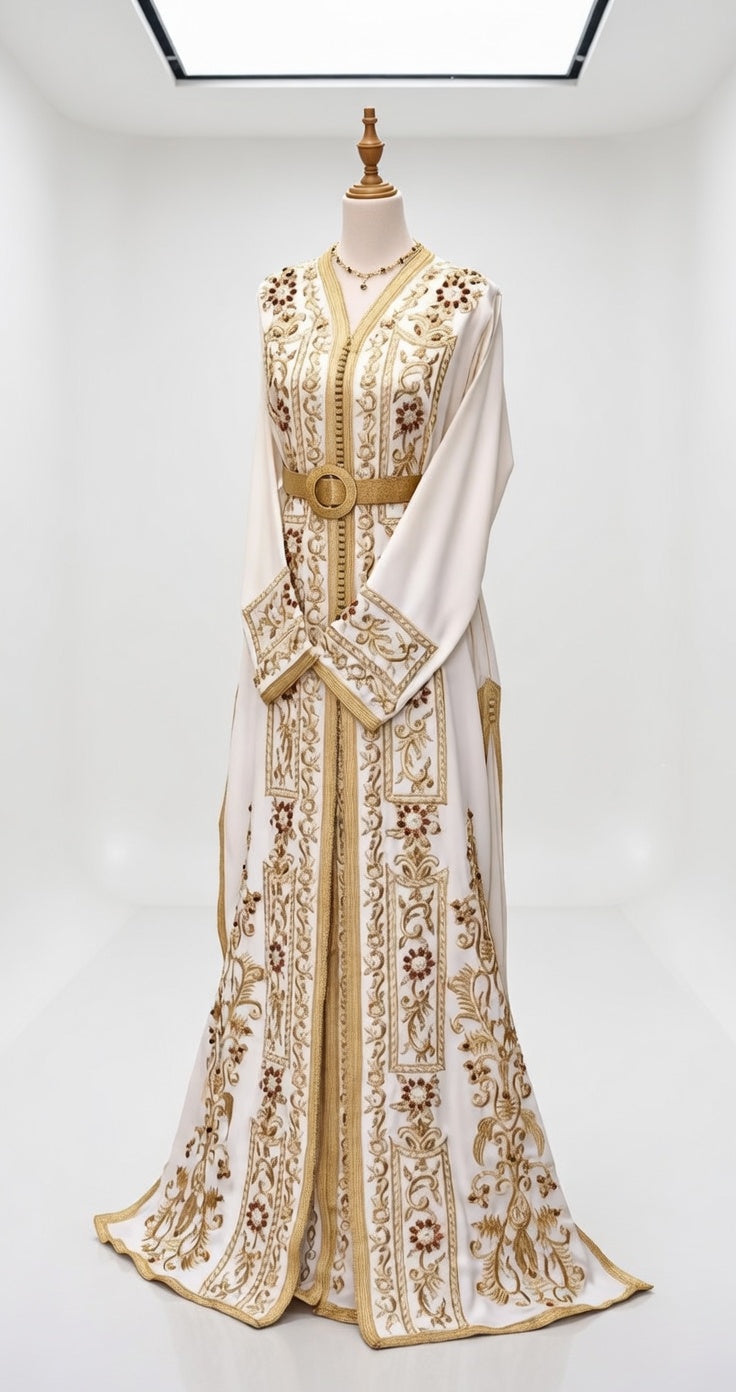 قفطان "لؤلؤة المنارة" الأبيض الملكي بطرز النخبة والمرصع يدوياً