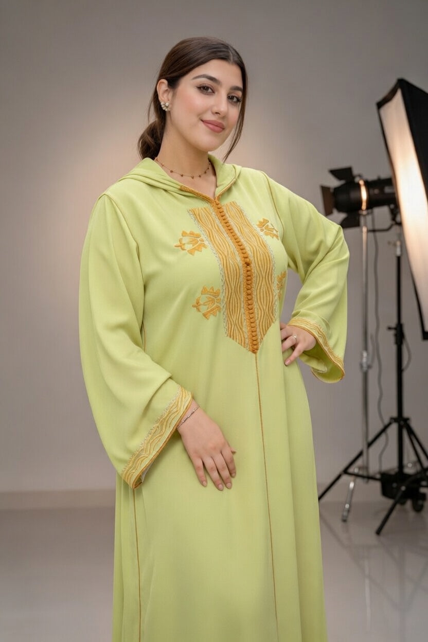 جلابة خضراء ليمونية بتطريز تقليدي فاخر