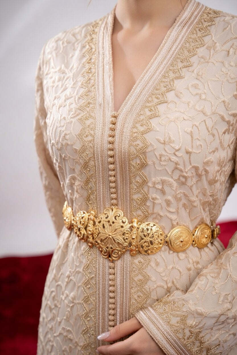 قفطان "دانتيل المنارة" باللون العاجي وتطريز ذهبي خفيف