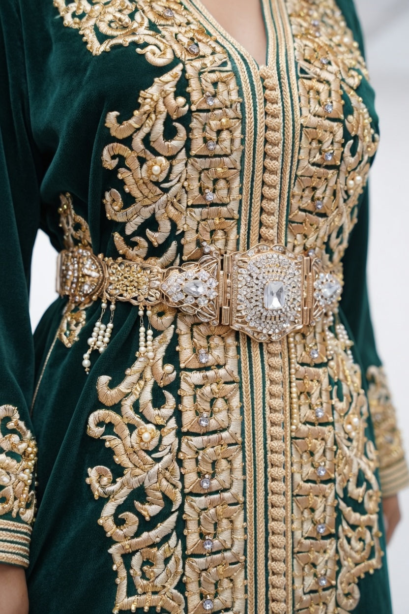 قفطان أخضر ملكي بتطريز ذهبي فاخر