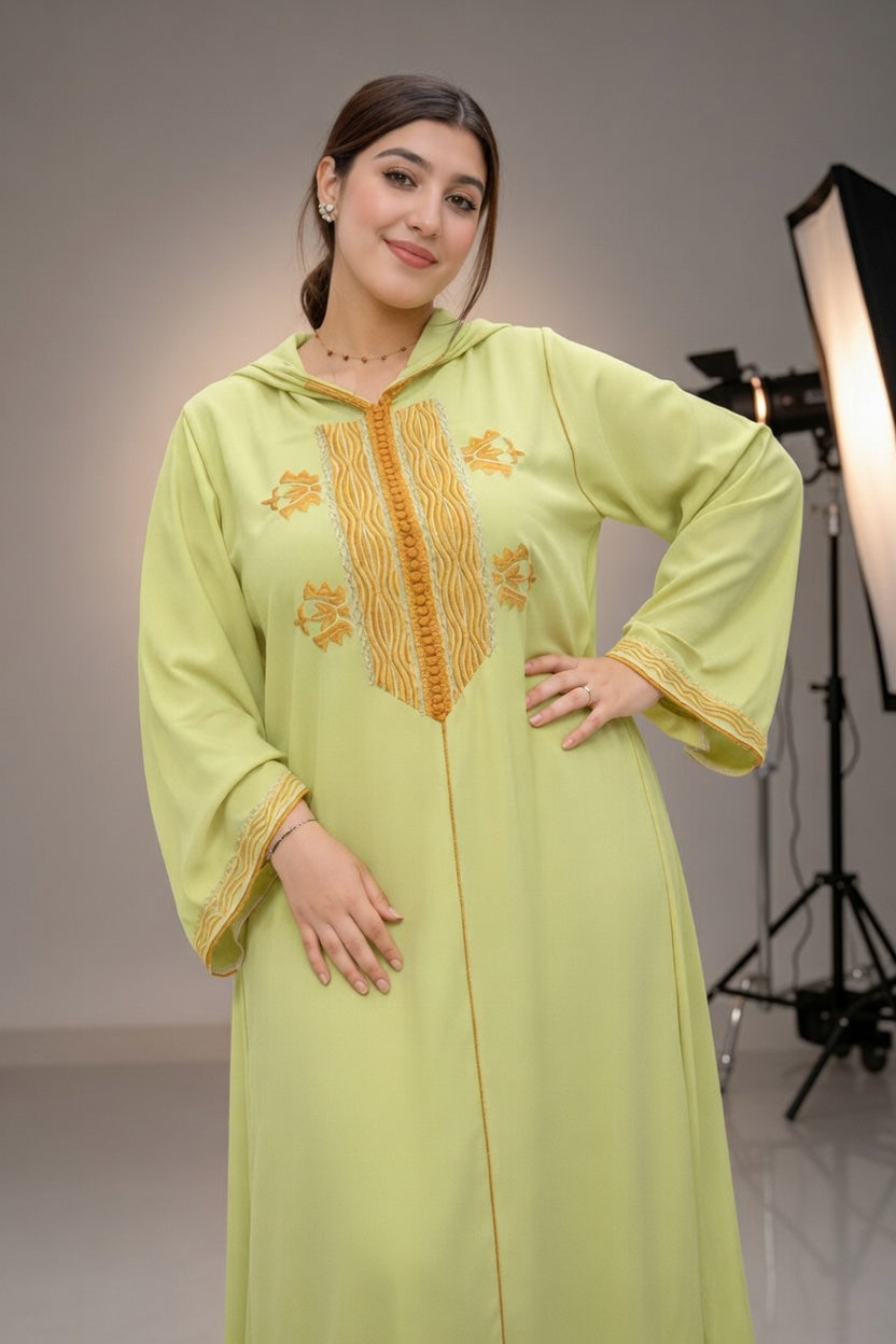 جلابة خضراء ليمونية بتطريز تقليدي فاخر