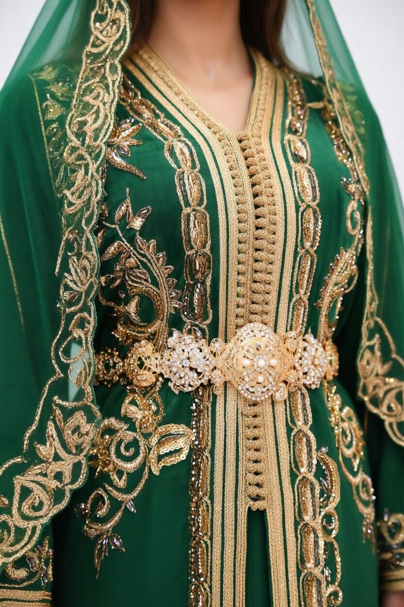 قفطان أخضر فاخر بالتطريز الذهبي مع حزام ملكي