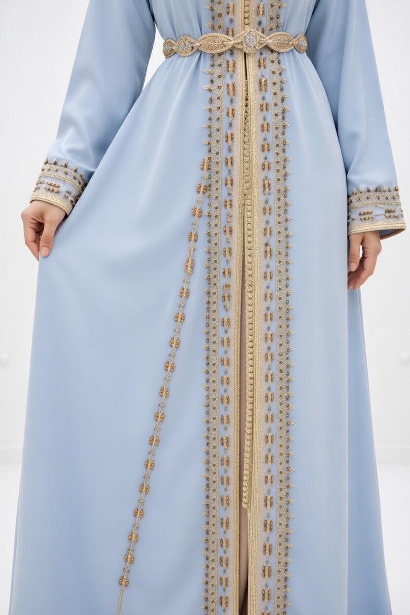 قفطان "سماء المنارة" الأزرق السماوي بتطريز لؤلؤي ناعم