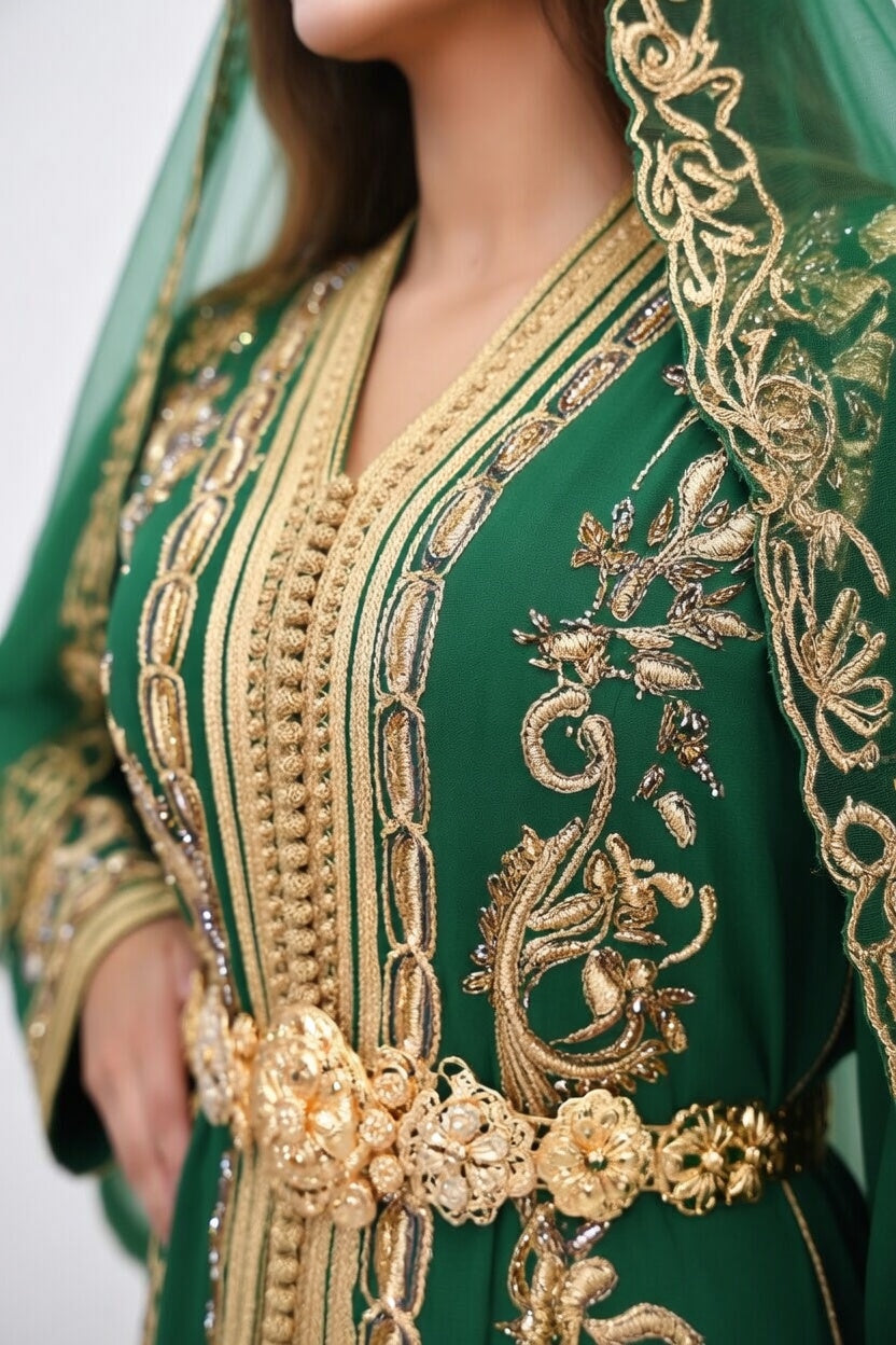 قفطان أخضر فاخر بالتطريز الذهبي مع حزام ملكي