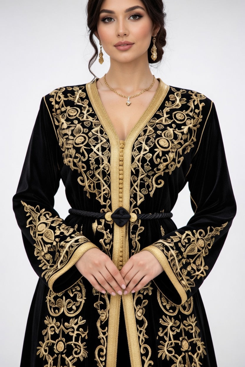 قفطان "سهرة المنارة" الأسود بتطريز ذهبي ملكي متناظر