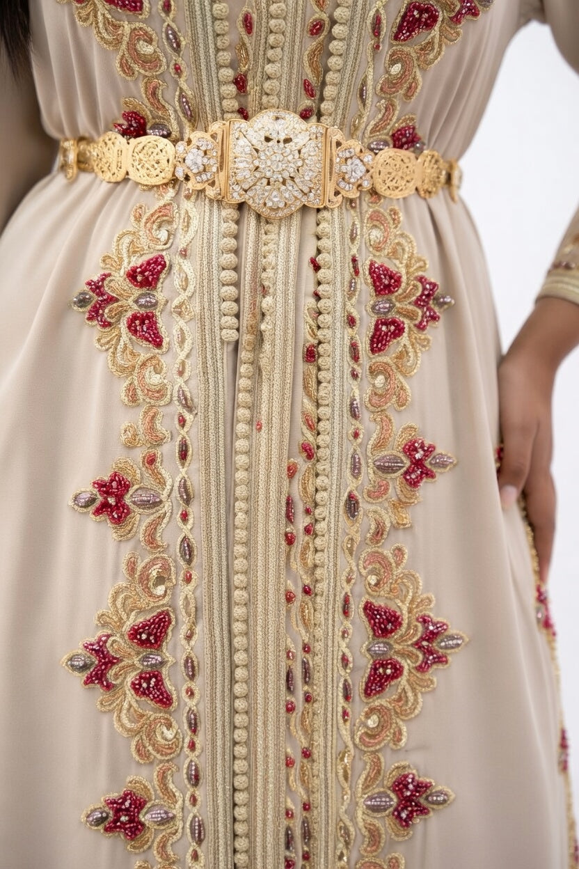 تكشيطة بيج فاخرة بتطريز ذهبي ولمسات وردية