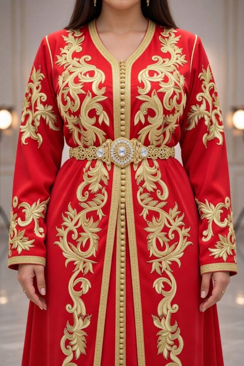 تكشيطة حمراء فخمة بتطريز ذهبي راقي