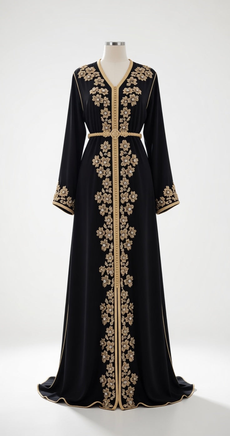 قفطان "جوهرة المنارة" الأسود الملكي المطرز بالذهب