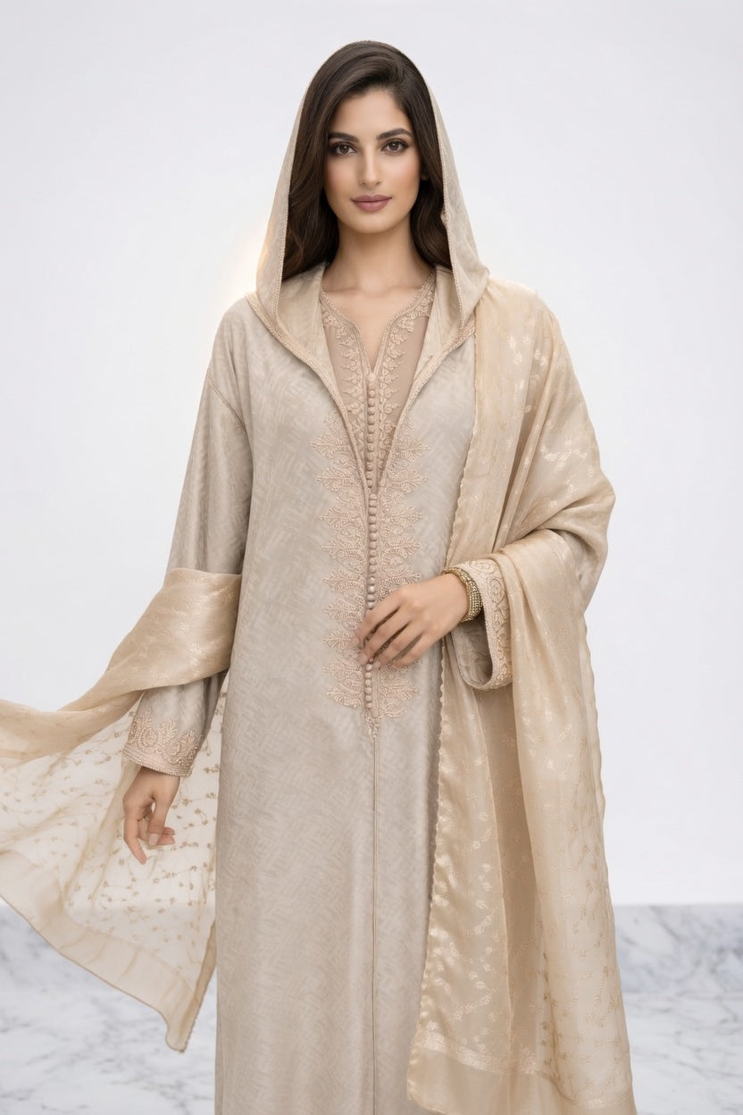 جلابة أنيقة بلون بيج مطرزة – جمالية مغربية عصرية