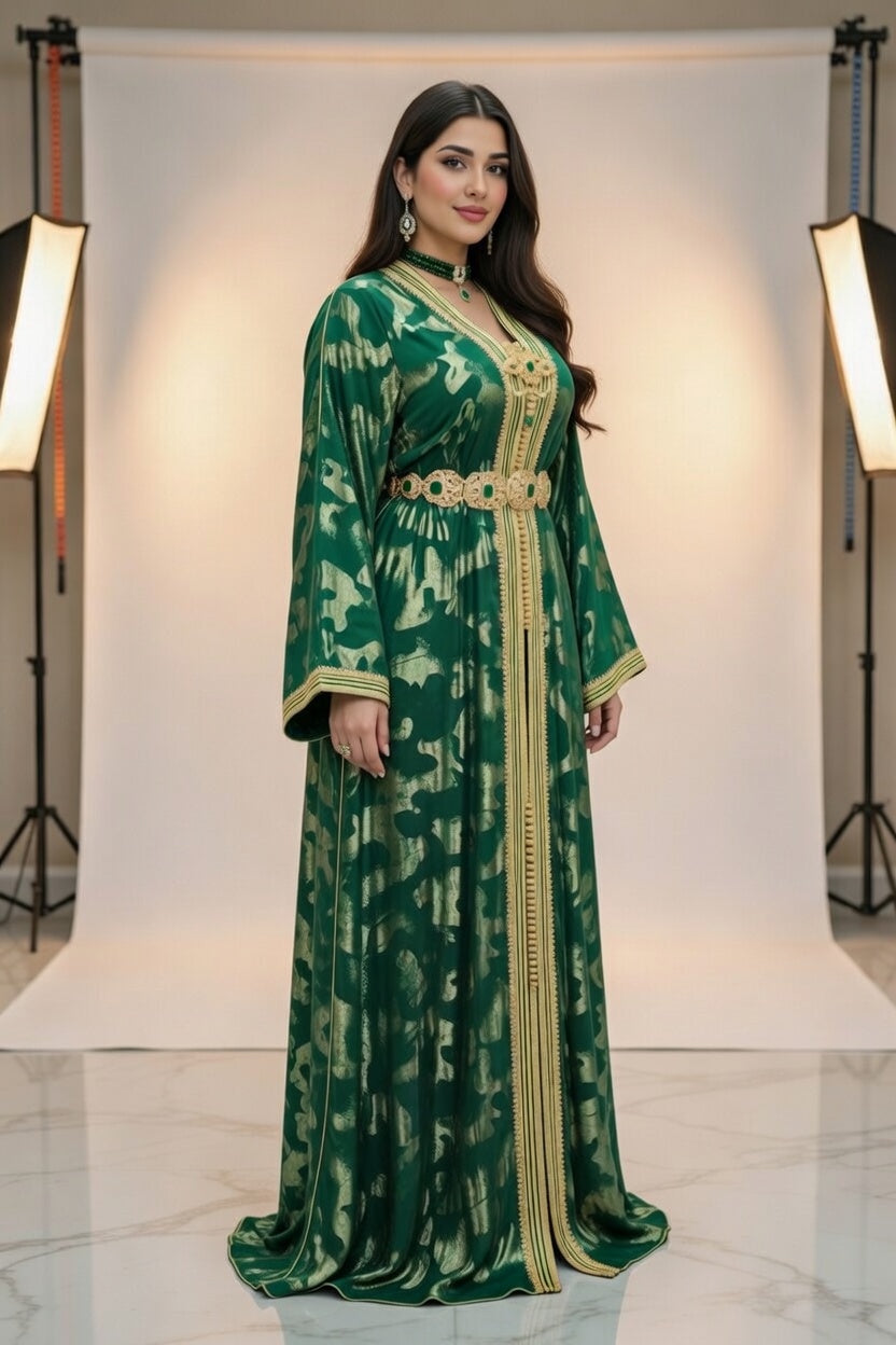 قفطان أخضر ملكي بتطريز ذهبي فاخر