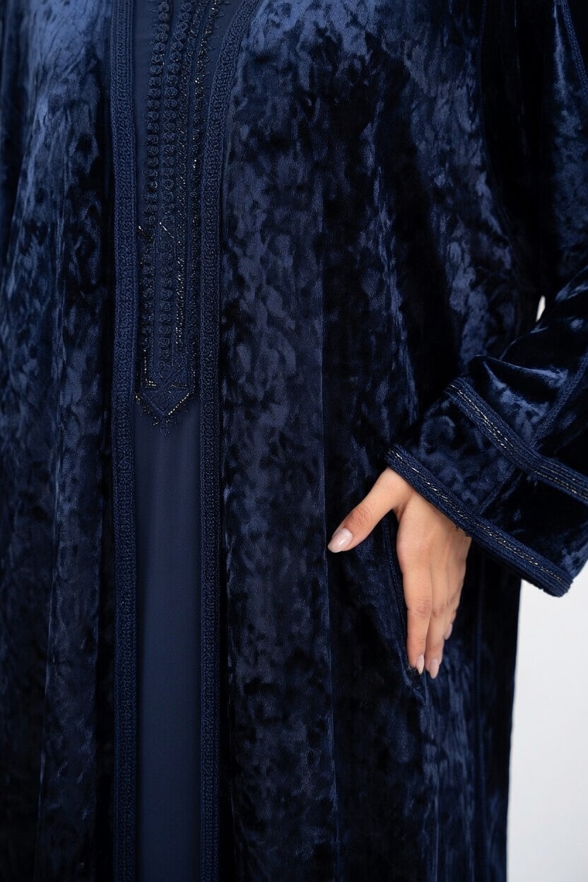 كيمونو مخمل كحلي مع قفطان أنيق (2 Pieces)