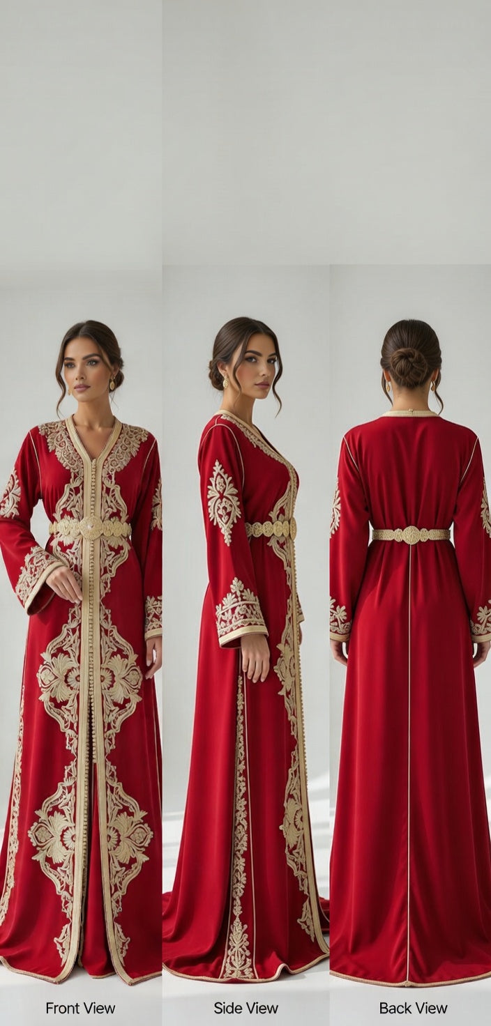 قفطان "سلطانة المنارة" الأحمر المخملي بالطرز الذهبي الأصيل