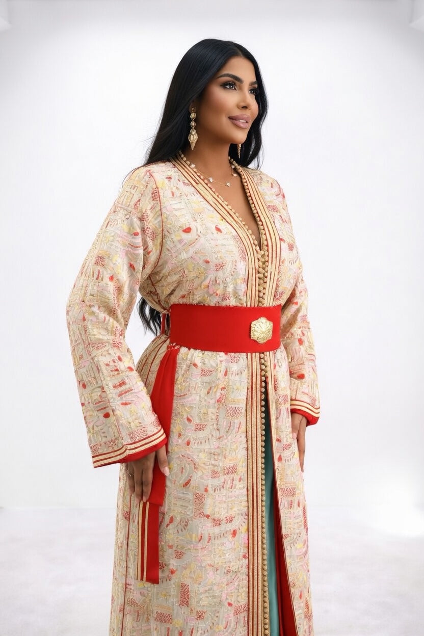 تكشيطة أنيقة باللون الكريمي مع حزام أحمر فاخر