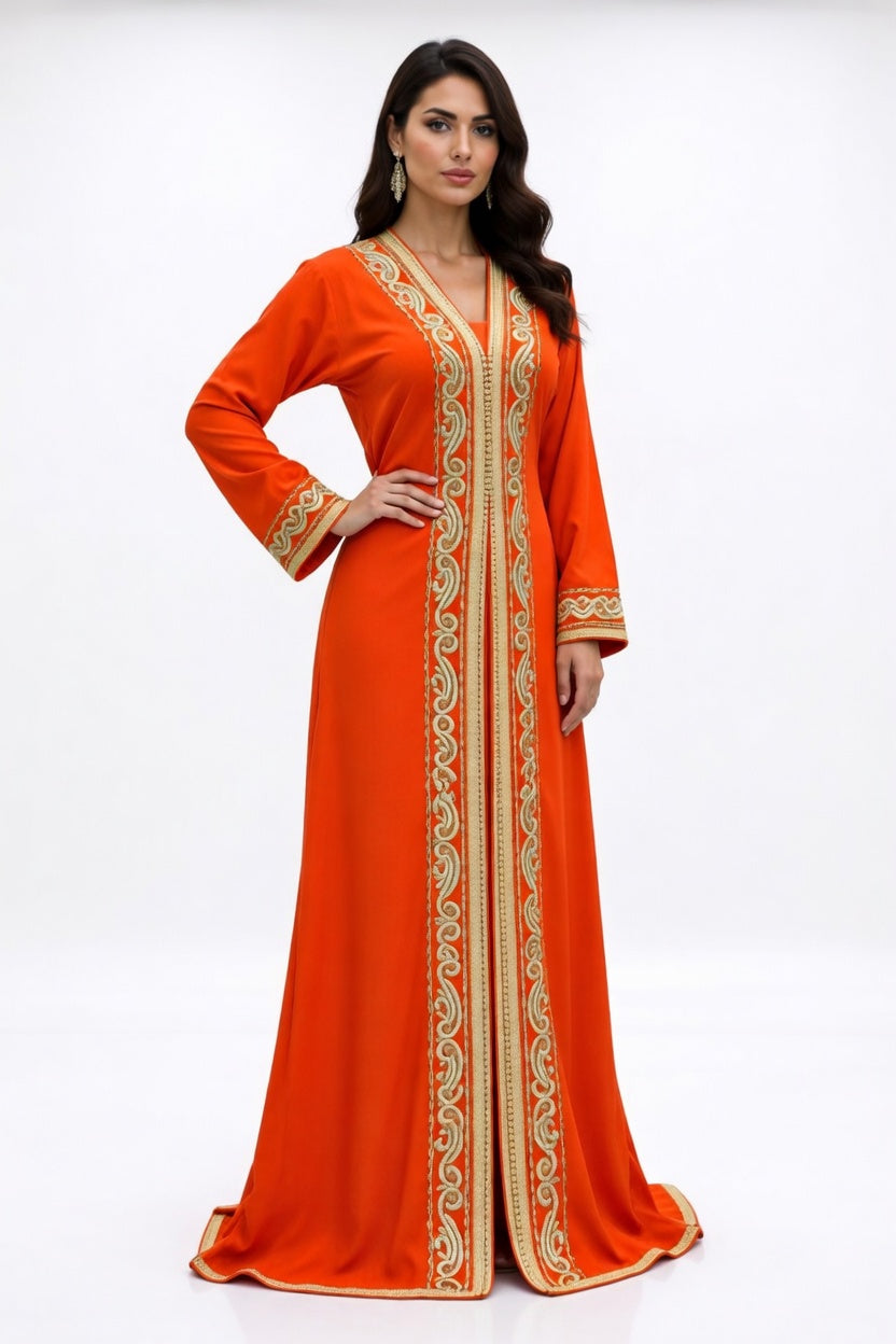 قفطان "شروق المنارة" البرتقالي بتطريز ذهبي انسيابي