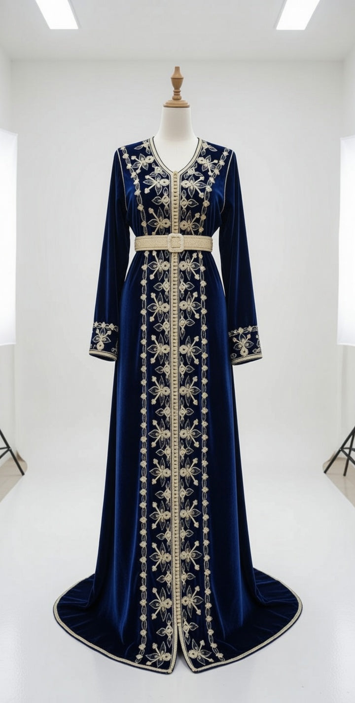 قفطان "ليالي الأطلس" من الموبرة الزرقاء بتطريز ذهبي ملكي