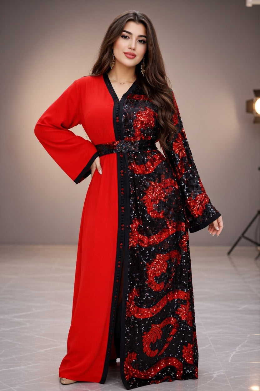 تكشيطة حمراء وسوداء بالترتر – تصميم فاخر للسهرات