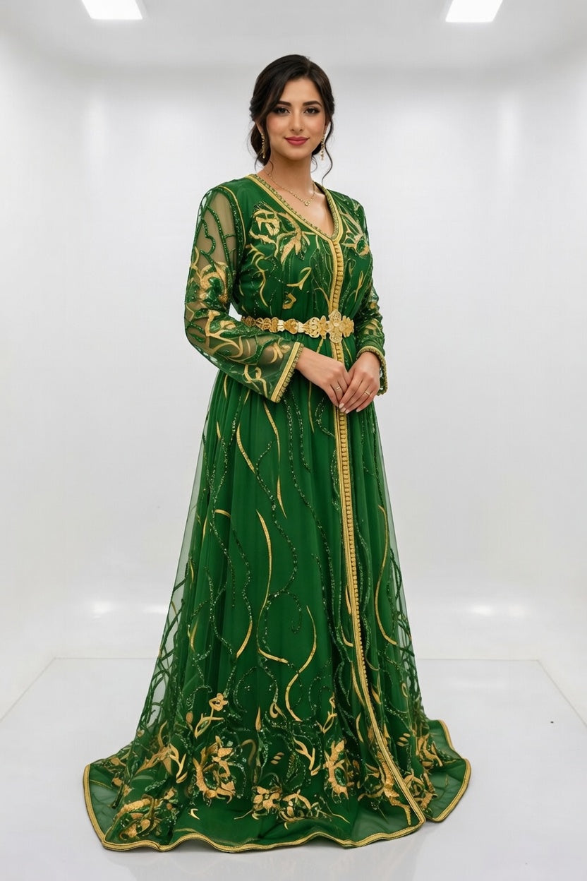 قفطان "نسمة المنارة" الأخضر الزمردي من الشيفون المرصع