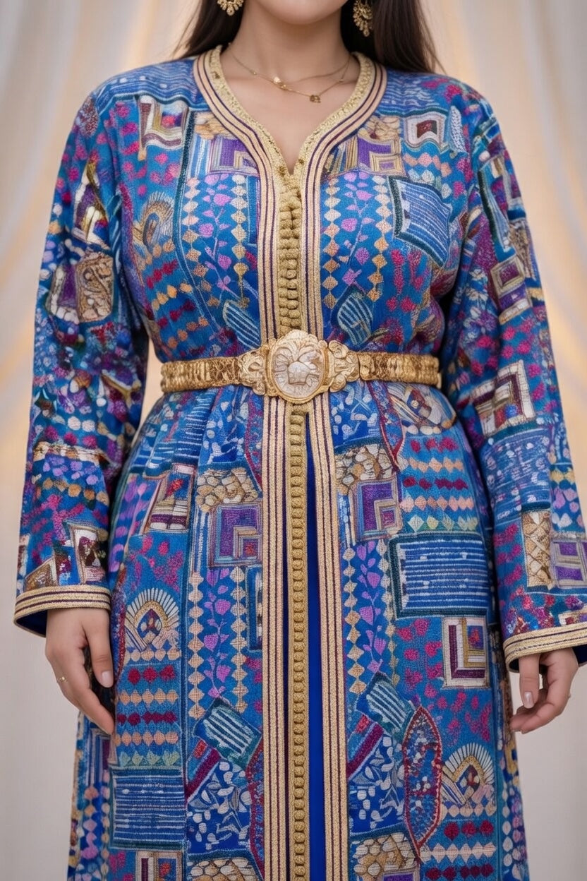 تكشيطة زرقاء فخمة بنقوش تقليدية وتطريز ذهبي