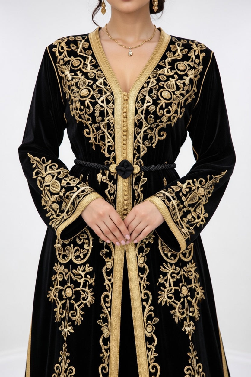 قفطان "سهرة المنارة" الأسود بتطريز ذهبي ملكي متناظر