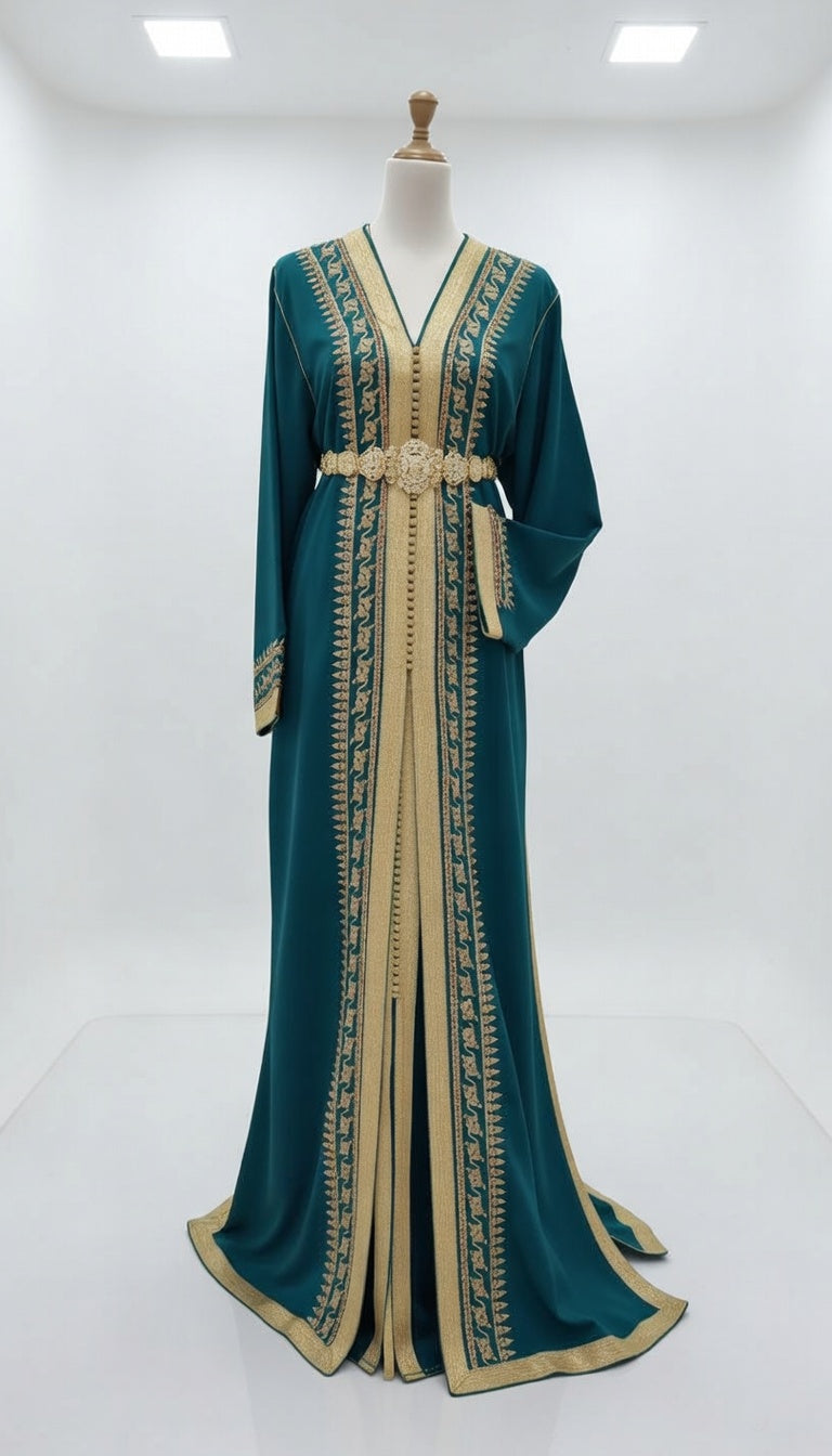 قفطان "زمردة المنارة" الأخضر الملكي بلمسة ذهبية ناعمة