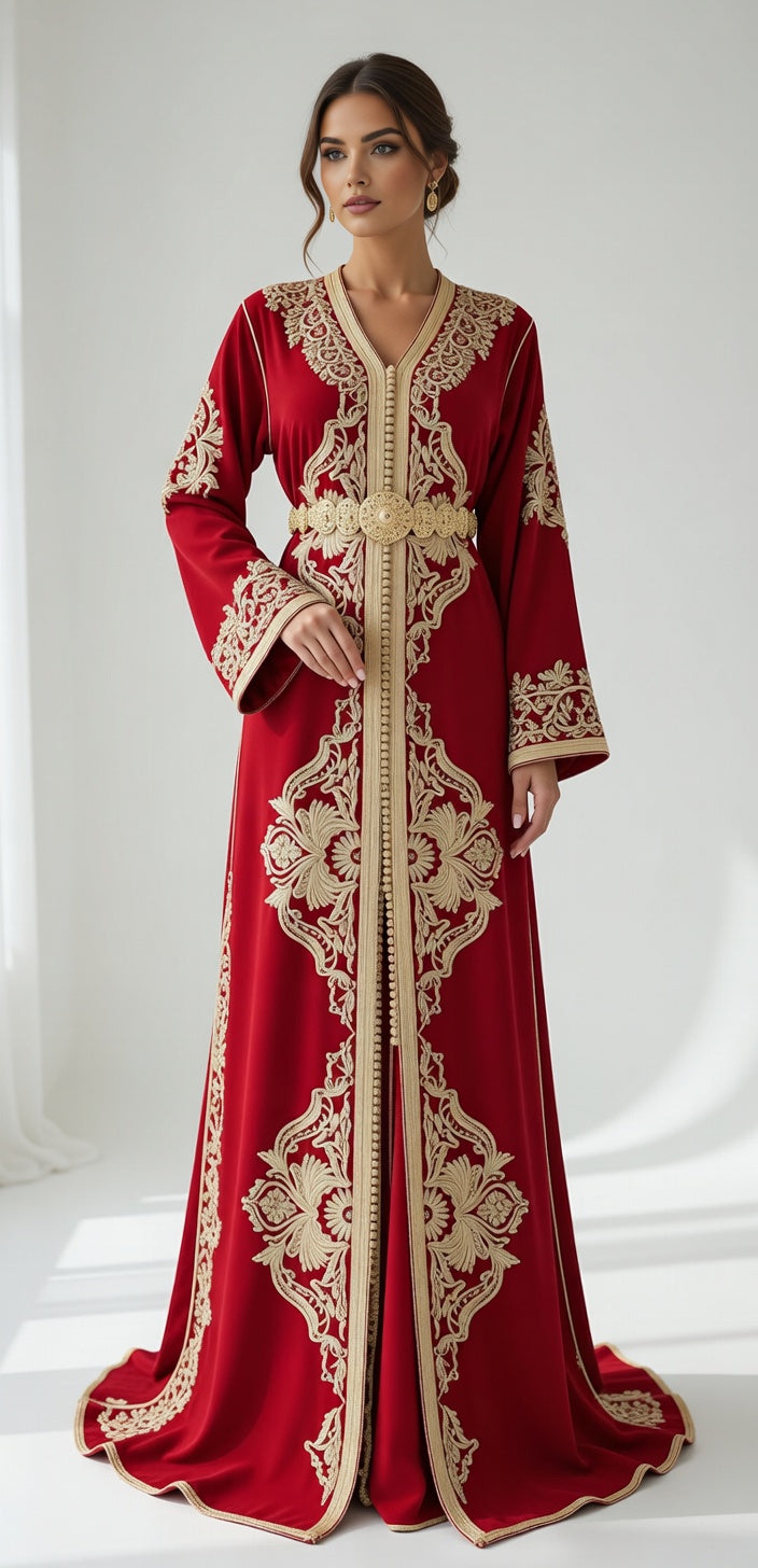 قفطان "سلطانة المنارة" الأحمر المخملي بالطرز الذهبي الأصيل