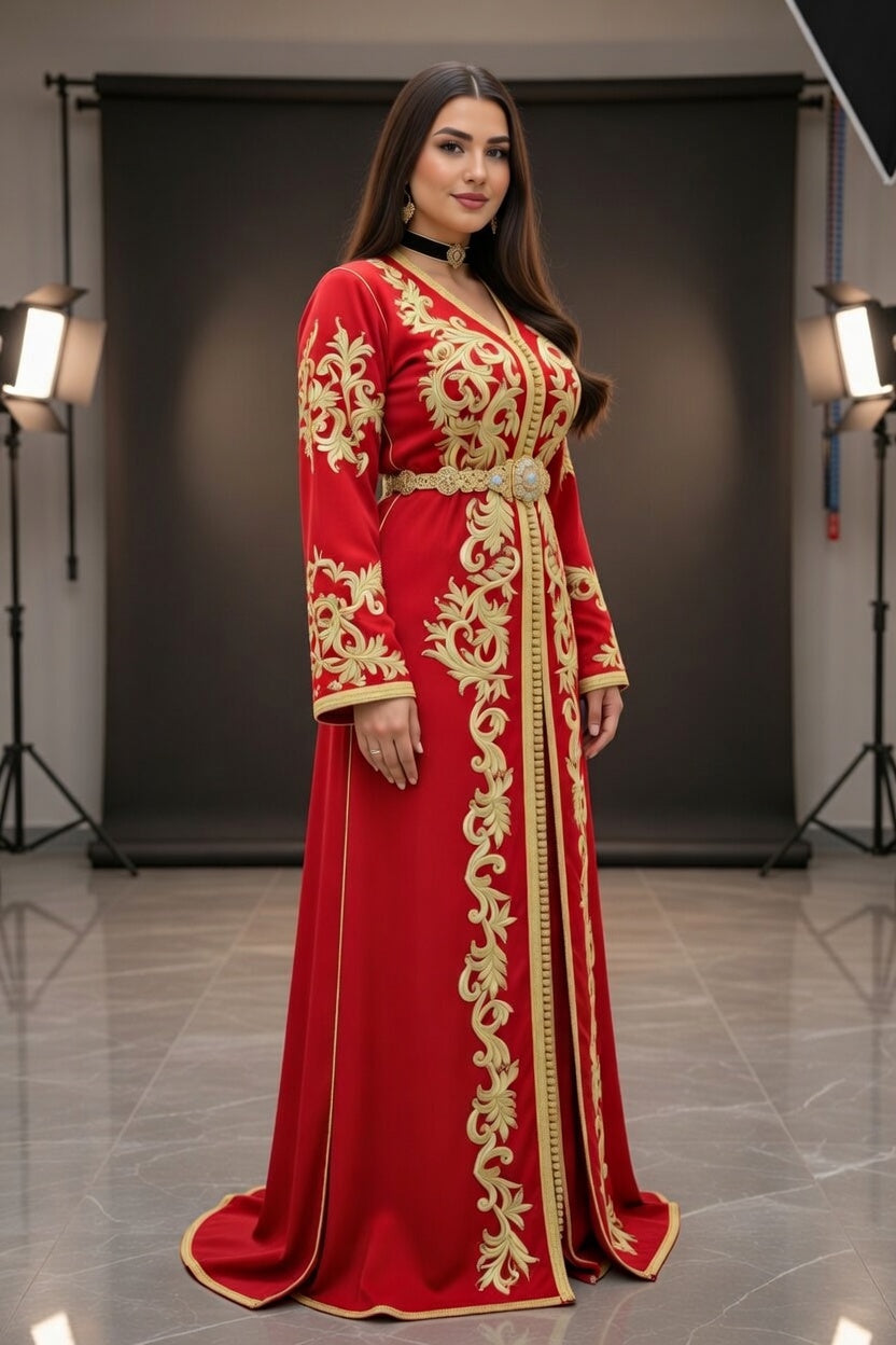 تكشيطة حمراء فخمة بتطريز ذهبي راقي