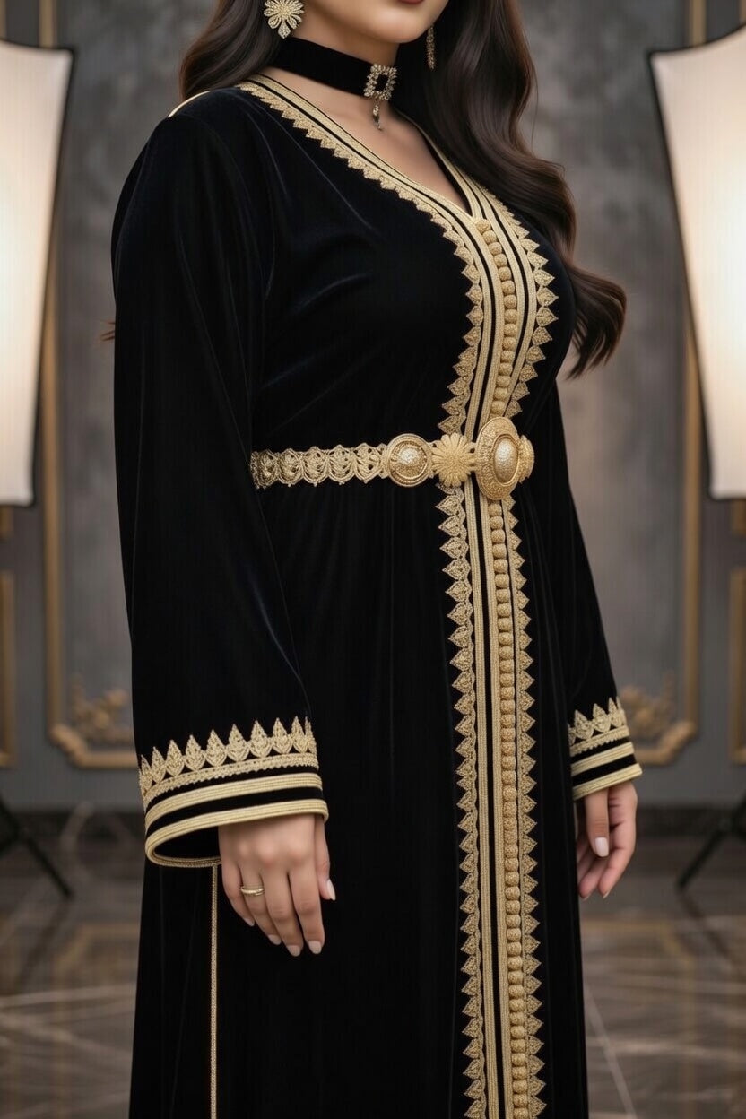 تكشيطة سوداء مخملية بتطريز ذهبي فاخر